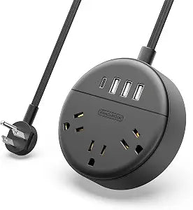 Flat Plug Power Strip with USB Ports, NTONPOWER Nightstand Desktop Charging Station with 5ft Extension Cord, Wall Mount with 3 Outlet 4 USB(1 USB C), Small Size for Travel Home Office Dorm Room, Black