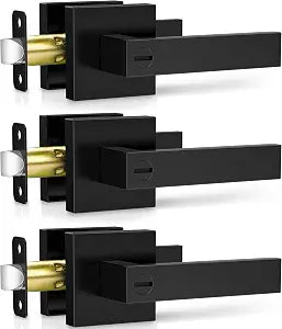 Plustool 3 Pack Matte Black Door Handles, Keyless Interior Door Knobs, Privacy Door Lever Locksets for Bedroom Bathroom, Heavy Duty Square Door Lock, Reversible for Left&Right Handled Doors
