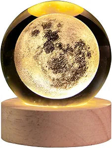 3D Moon Crystal Ball with LED Stand, Moon Figurine Decor Glass Sphere Lamp, Space Planet Globe Night Light Gifts for Women Men Mom Kids