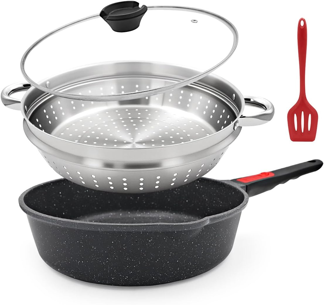 12 Inch Steamer Pan with Lid, Deep Frying Pan Skillet Nonstick