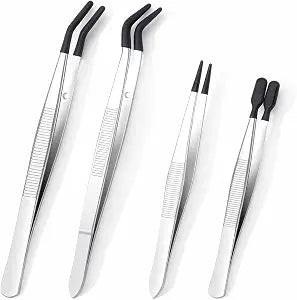 4 Pcs Rubber Tip Tweezers Set, Non-Scratch PVC Coated Tips - Fine Point, Flat & Bent Head Tweezers for Crafts, Jewelry Making, Electronics, Eyelash Extensions