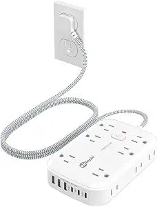 Power Strip with USB, 2100J Surge Protector Flat Plug Extension Cord 5FT