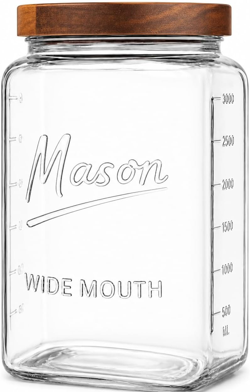 1 Gallon Glass Jar with Wooden Lid - Extra Large Mason Jar Wide Mouth with Airtight Wood Lid - Square Glass Storage Container with Measurement Markings for Flour, Sugar, Cookies & Pickling