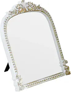 Antique White Plastic Arched Makeup Mirror, Standing, Hanging or Wall Mount, Bathroom, Living Room, Bedroom White and Gold Decorative Mirror (10.6 x 8.6 inch)