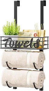 HapiRm Towel Racks for Bathroom Storage - 3 Tier Over The Door & Wall Mount Rolled Towel Storage Organizer Holder with Metal Shelf Basket for Small Bathroom, Camper, Rv - Black, Patented