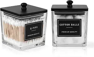 eggs sound 2 Pack Glass Qtip Holder Dispenser Set, Bathroom Canister Storage Organizer for Cotton Balls, Swabs, Pads, Floss Picks, Vanity Makeup Storage Jars with Matte Black Lids