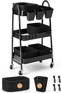 3-Tier Rolling Utility Cart with 4 Woven Baskets, Diaper Book Snack Cart, Storage Organizer for Nursery, Kitchen, Craft Room, Home SPA, Living Room, Metal Frame Trolley on Lockable Wheels, Black