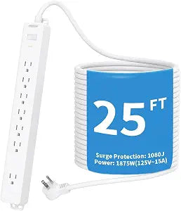 Extension Cord 25 ft, NTONPOWER Long Surge Protector, 15A Heavy Duty Extension Cord, Wall Mount, 7 Outlets Power Strip Flat Plug for Kitchen Home Office Workbench, White, 1080 J
