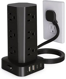 Power Strip Tower Surge Protector, 6FT Flat Plug Extension Cord with Multiple Outlets, 12 AC Outlets 4 USB (2 USB C), Desktop Charging Station with Surge Protection for Home Office Dorm Room, Black