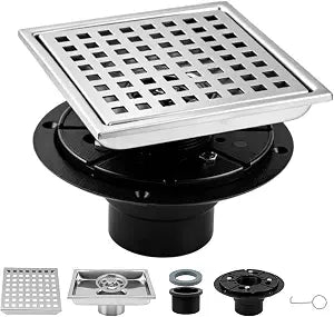 6-Inch Square Shower Floor Drain with Flange, Shower Floor Drain with ABS Flange Base, 304 Stainless Steel Floor Drain for Modern Bathroom Remodels and Curbless Showers (Sliver)