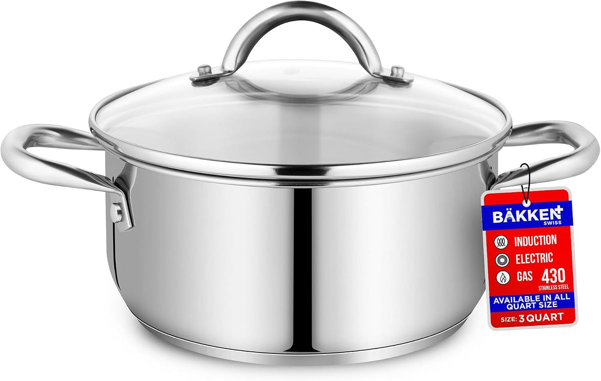 Stainless Steel Stockpot with Tempered Glass Lid 3 Quart, Durable 18/0 Stainless Steel, Impact-Bonded Base for Even Heating, Riveted Handles, Oven & All Stove Compatible, Safe Up To 500F (260C)