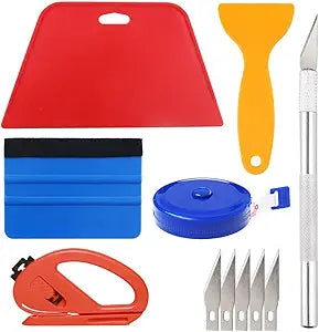 Wallpaper Smoothing Tool Kit Include red Squeegee,Medium-Hardness Squeegee, blue Tape Measure,snitty Vinyl Cutter and Craft Knife with 5 Replacement Blades for Adhesive Contact Paper Application Win