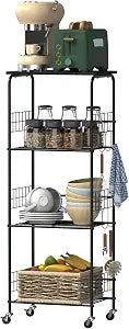 Rolling Kitchen Cart with Top Panel, 4-Tier Rolling Utility Cart with Hooks