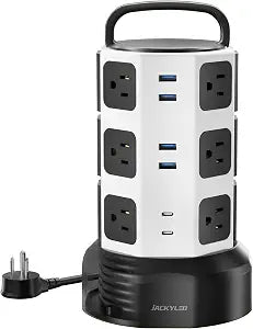 JACKYLED Power Strip Tower Surge Protector, 12 AC 6 USB (2 USB C), 1050J