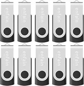 Enfain 16GB USB 2.0 Flash Drive 10 Pack | Swivel Thumb Drives with 31 Labels | Gift-Ready Packaging for Corporate Events, Office & Team Distributions (Black)