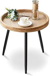 Tiita Samll Round Side Table, Wood Tray Accent End Table for Compact Spaces