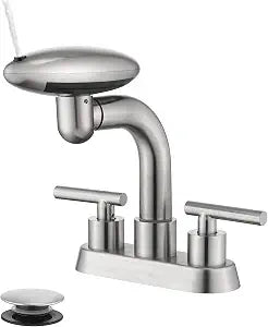 Brushed Nickel Bathroom Sink Faucet, Modern 2-Handle 4-Inch Centerset Vanity Faucet with Fixed Spout & Pop-Up Drain Assembly