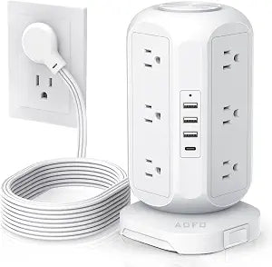 Tower Power Strip Flat Plug with 12 Outlets 4 USB(1 USB C),AOFO Power Strip Charging Station with Overload Protection, Widely Spaced Multiple Outlets 10Ft Extension Cord for Home, Dorm,Office