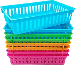 KWAGOCAR 8 Pack Classroom Storage Baskets Bins Colorful Plastic Organizer Basket Small Pencil Holder Tray Mesh Bins for Paper Desk Shelf Home School Office Arts Crafts Toy File Organization