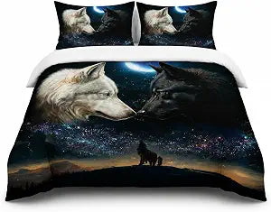 AILONEN Wolf Couples Duvet Cover Set King Size, Evening Snowfield Moon Wolf Bedding Set, Milky Way Comforter, 1 Quilt Cover and 2 Pillowcases, Soft