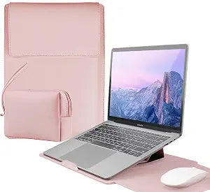 4-in-1 Laptop Sleeve with Stand and Mouse Pad, Faux Leather Protective Case with Accessory Pouch for 15-16 Inch Laptops, Pink