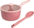 Tasty Ceramic Saucepan with Glass Lid, Silicone Spoon, Healthy Nonstick, Sauce Pot, Even Heating, Easy to Clean, Made without PFAS, PFOA, PFOS and PTFE, Dishwasher Safe, 2-Quart. 3-Piece Set, Pink