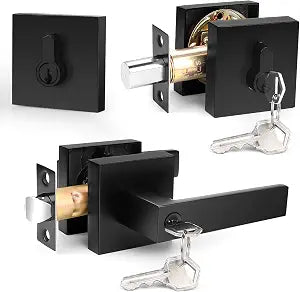 Probrico Square Entrance Lever with Double Cylinder Deadbolt Set Keyed Alike Combo Pack(for Office and Front Door), Heavy Duty Flat Black Entry Door Lockset for Right and Left Side, 1 Pack