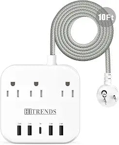 HITRENDS Power Strip with USB, 10ft Braided Extension Cord, White