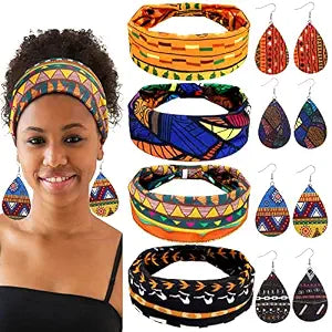 WILLBOND 4 Pack African Headband Earring Set for Women,Bright Pattern