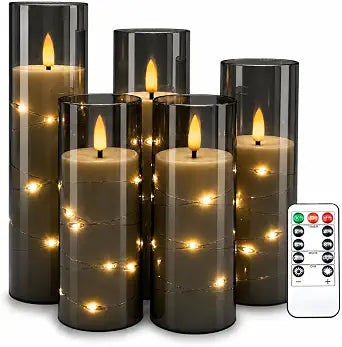 Da by 5 Pack Gray Transparent Acrylic Flameless Taper Candles, Flickering Black Wick LED Candles with Fairy String Lights, Heat Resistant Reusable ABS Candles with Remote for Home Patio Decor