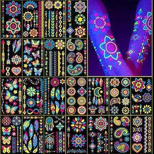 Glow in the Dark Party Supplies Temporary Tattoos 192+ PCS, Neon UV Blacklight Reactive Face Tattoos for for Party Supplies, Fluorescent Henna Flower Temporary Tattoos for Adults, Teens