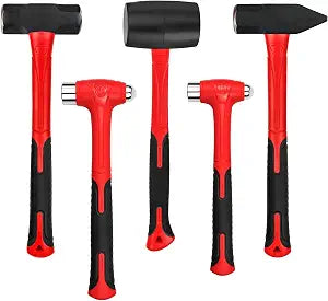 C&T 5-Piece Hammer Set, 16oz Ball Peen Hammer | 32oz Ball Peen Hammer | 32oz Rubber Mallet | 3lb Sledge Hammer | 3lb Cross Peen, Fiberglass Handle & Mallet Set
