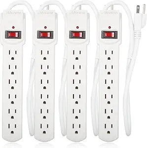 Maxxima 6 Outlet Power Strip Surge Protector, White, 300 Joules, 4 Pack
