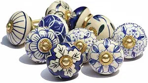 Handmade Indian Ethnic Blue Ceramic Stone Cabinet Knobs,Vintage Decorative Drawer Pulls for Trendy Cabinets,Modern Dressers & Cupboards, Knobs for Kitchen & Furniture-Set of 10