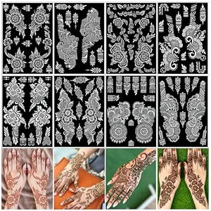 8 Sheets Large Henna Tattoo Stencils Stickers Kit for Full Hands