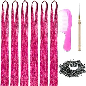 43 Inch Hair Tinsel Kit with Tools 6 Packs 1200 Strands Tinsel Hair Extensions for Women and Girls Heat Resistant Sparkling Shiny Glitter Hair Pieces for Christmas Cosplay Party (43 inch,rose)
