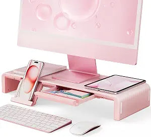 Pink Monitor Stand Riser, Klearlook Foldable, Height Adjustable Computer Stand, Desk Shelf Riser with Storage Drawer &Tablet Phone Stand for Desktop, Laptop