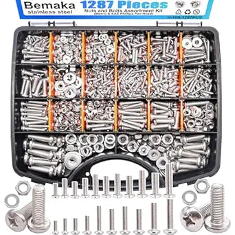 1287Pcs Nuts and Bolts Assortment Kit, 304 Stainless Steel Bolts Machine Screws Hardware Assortment Kit, Metric & SAE Phillips Pan Head Screws, Assorted Bolts, Nuts and Washers Kit