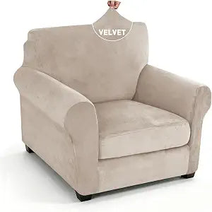 YEMYHOM Real Velvet 2 Pieces Chair Covers with Arms Super Stretch Chair Slipcover for Living Room Pet Dog Universal Slip Cover Anti Slip Armchair Furniture Protector (Armchair, Khaki)
