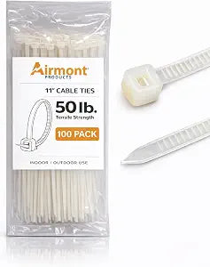 (100 Pack) Airmont Products 11 Inch White Zip Ties, 50 lb Nylon Cable Ties, UL Listed Self Locking Wire Ties for Electrical Cable Management, Tie Wraps, and Cord Organization