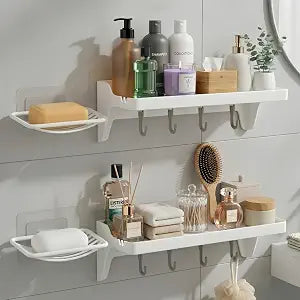 Pack of 2 Self-Adhesive Bathroom Organisers Without Drill  Bathroom Shelf & Soap Dish Set for Efficient Storage and Space Utilisation