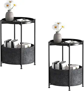 Garden 4 you Small Side Table, Mini Round End Table, Black Tray Table with Fabric Storage Basket, Modern Nightstand for Living Room, Bedroom, Patio, Small Space, 2pcs