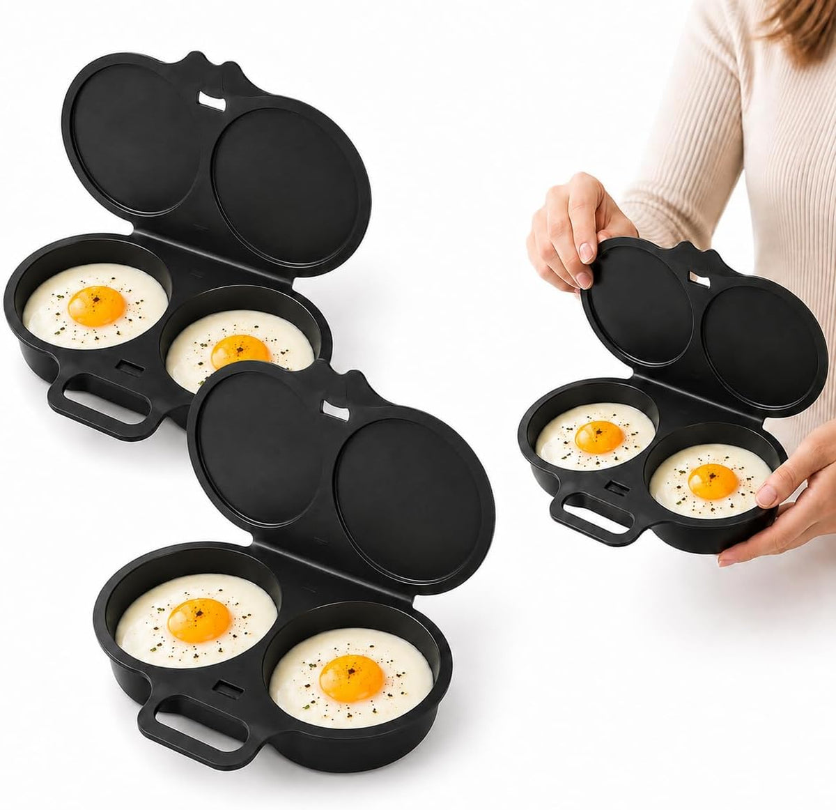 2PCS Dual Cavity Microwave Egg Poacher, Microwave Egg Cooker 2 Eggs (Black)