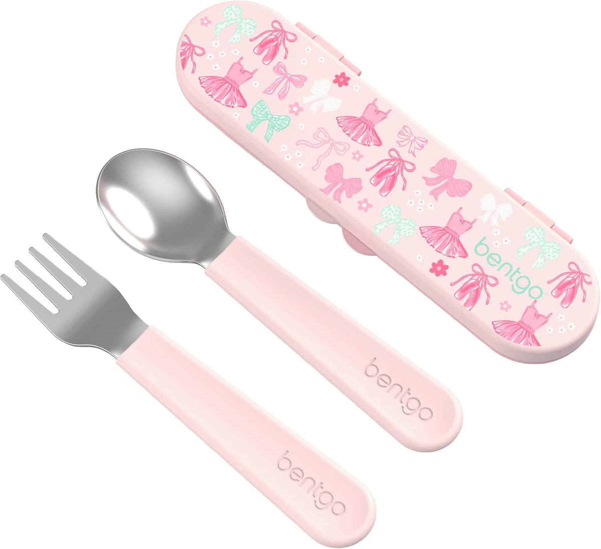 Bentgo Kids Stainless Steel Utensil Set - Reusable Fork, Spoon & Storage Case, PFAS- & BPA-Free, Easy-Grip Handles, Lightweight, Dishwasher Safe, School Lunch, Travel & Outdoors (NEW Ballet and Bows)