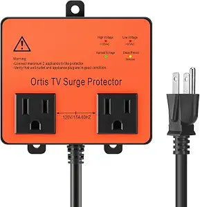 Ortis TV Surge Protector with Double Outlet, Voltage Protector for Smart TV and Home Appliances, Plug-in Power Protection with 3-Minute Delay, Brownout, Spike and Voltage Fluctuation Protection