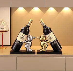 Wine Rack Ornaments Single Wine Bottle Holder Stand Wine Cabinet Resin Figurine Design for Living Room Home Decorations Gifts (Silver)