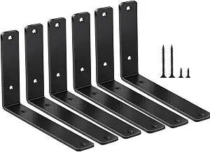 6 Pack - L 8" x H 6" x W1.5, 5mm Thick Black L Shelf Bracket, Iron Shelf Brackets, Metal Shelf Brackets, Floating Shelf, Shelf Supports with Screws