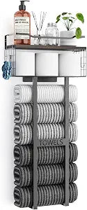 Large Towel Rack & Bathroom Towel Holder - Wall Mounted Metal Rack with Wooden Floating Shelf, Small Bathroom Towel Storage, Easy Holds 6 Large Rolled Towels, Black with Brown Plank