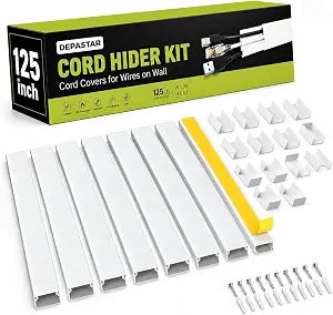 125 Cord Hider Kit, White Cable Raceway for Wall Mounted TV Wires, Paintable Wire Cover with Adhesive Tape, Screws and Connectors
