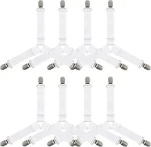 8-Pack White Bed Sheet Straps with Metal Clips, Adjustable Elastic Fitted Sheet Holders for Corners ��� Wrinkle-Free Bedding